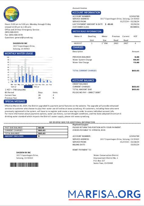 Downloadable USA California Santa Ynez water business utility bill template in Word and PDF formats